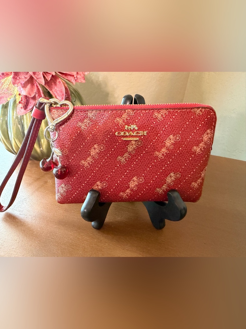 Coach Red Signature Zip Wristlet with Charm